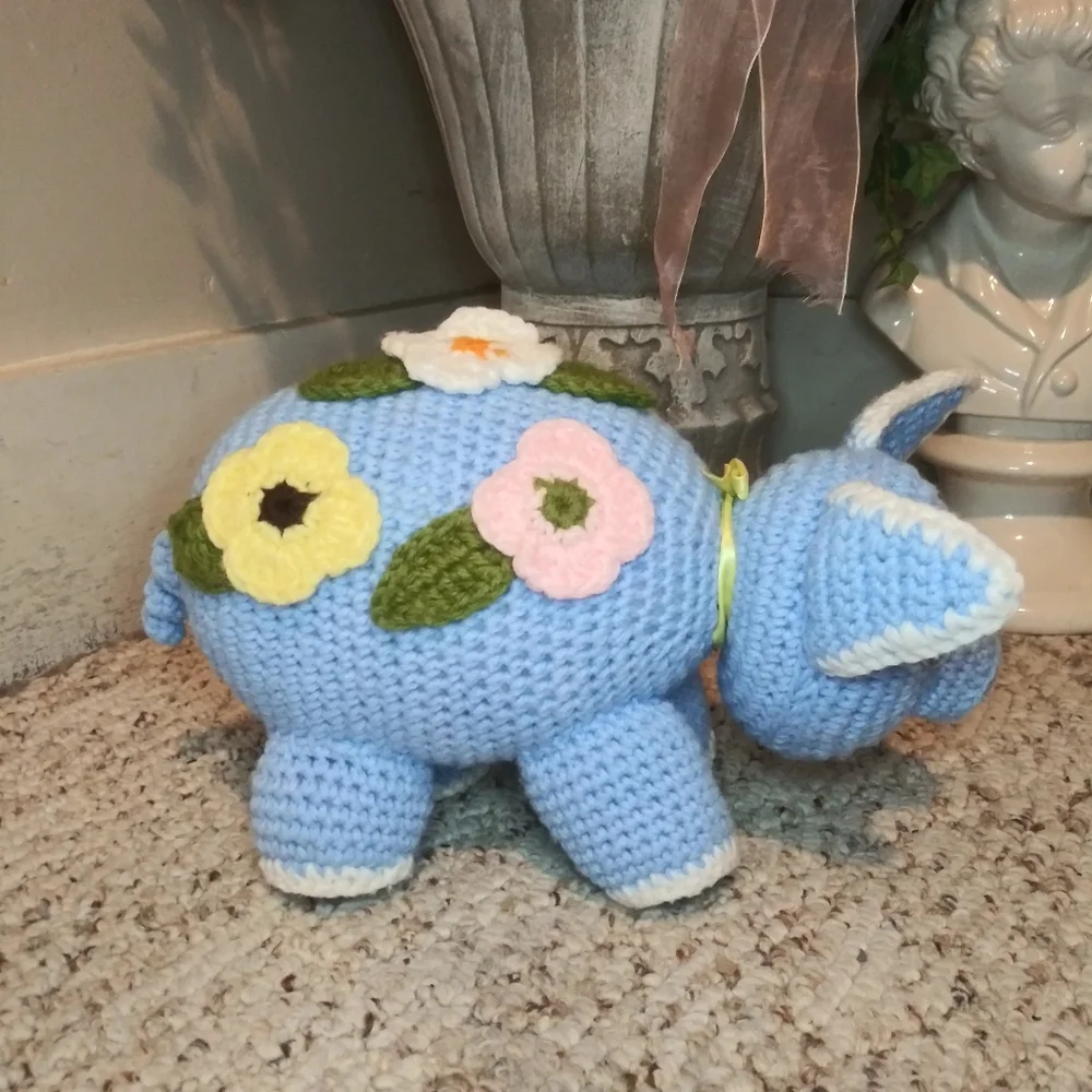 3/$18 Vtge. Blue/White Hand Crocheted Cottagecore Style Pig With Pastel Flowers